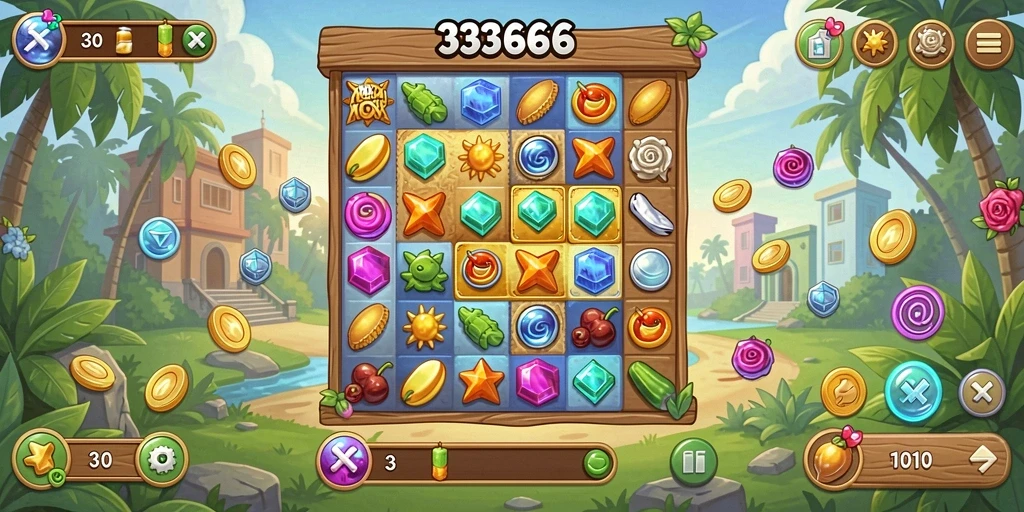 Tampilan gameplay Match-3 yang menarik dan penuh warna di 333666.