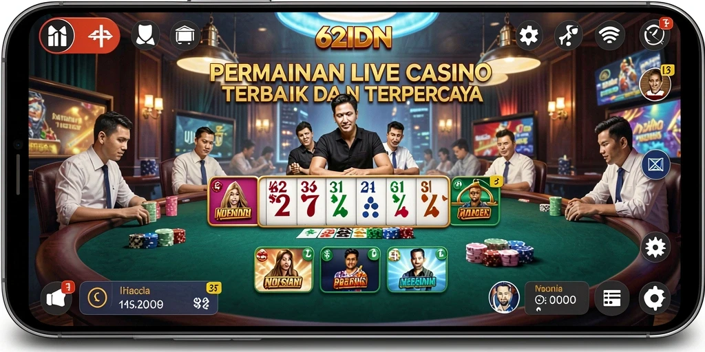 Screenshot gameplay 62IDN menampilkan dealer dan permainan Live Casino yang interaktif.