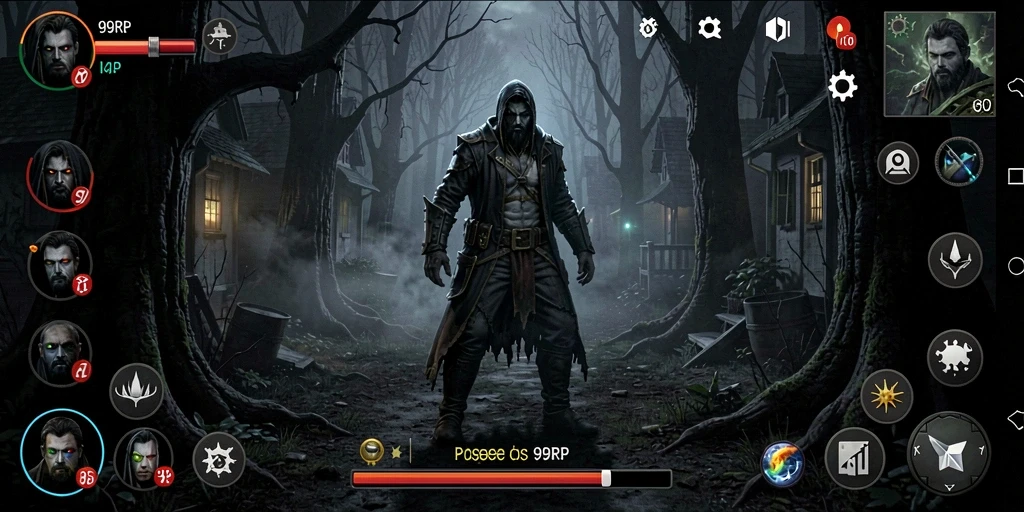 Screenshot 99RP menampilkan suasana mencekam dengan karakter yang terjebak dalam kegelapan.