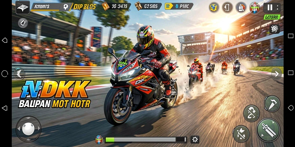Screenshot utama DKK menampilkan aksi balapan motor yang mendebarkan.