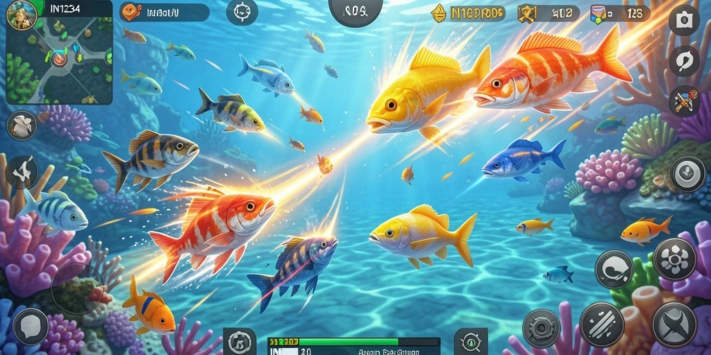 Tampilan gameplay menarik dari IN1234 saat menembak ikan.