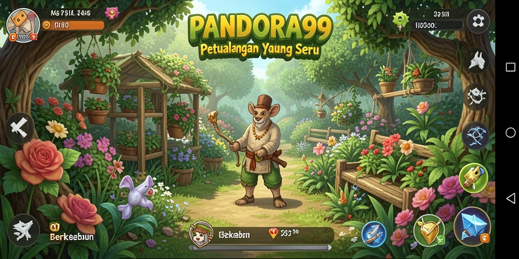 Tangkapan layar gameplay PANDORA99 menampilkan kebun yang subur dan aktivitas berkebun.