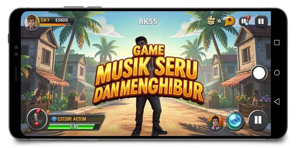 Screenshot utama RK55 menampilkan gameplay penuh warna dan interaktif.