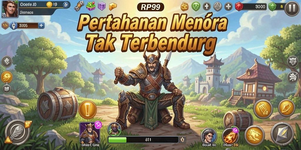 Screenshot menampilkan gameplay RP99 dengan menara berfungsi melawan musuh.